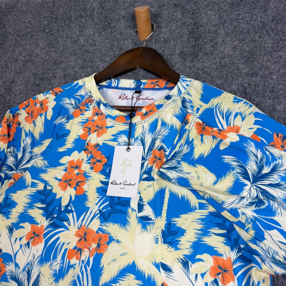 Robert Graham Mens Tropical Floral Rash Guard Blue Orange UPF 50+ Swim Shirt M